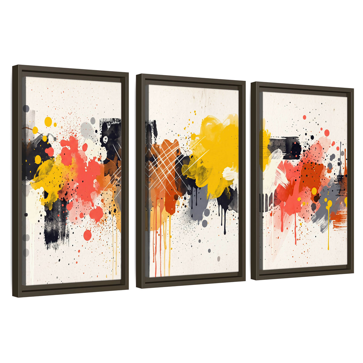 Paint splash abstract painting 3 piece framed canvas wall art set on a white background