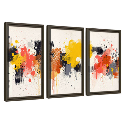 Paint splash abstract painting 3 piece framed canvas wall art set on a white background