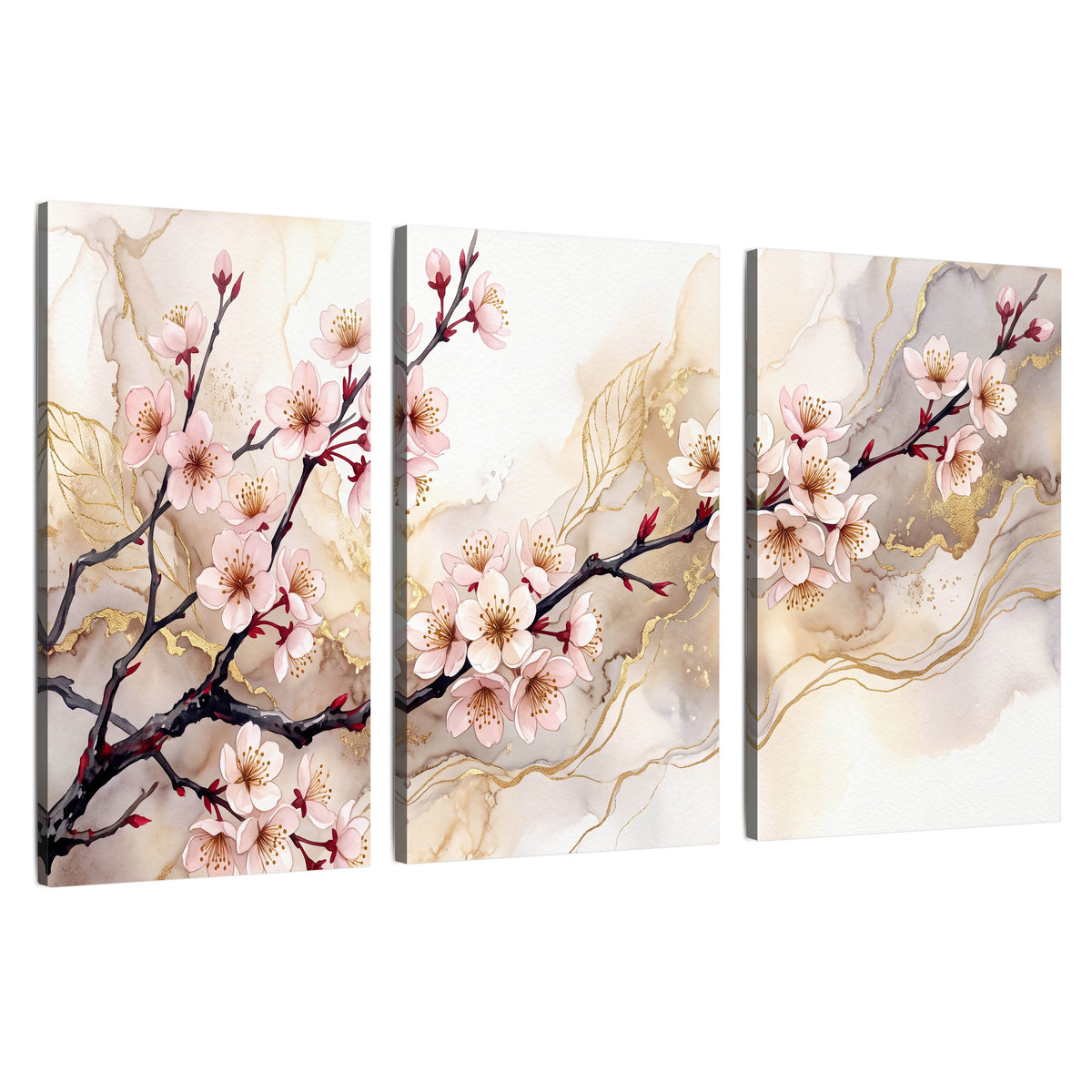 Cherry blossom branch with gold painting 3 piece canvas wall art set on a white background