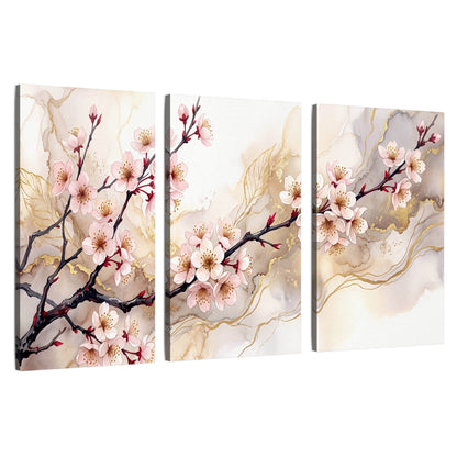 Cherry blossom branch with gold painting 3 piece canvas wall art set on a white background