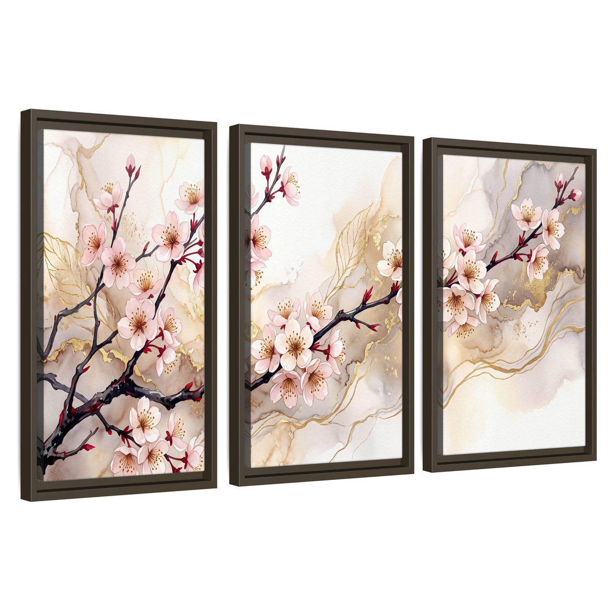 Cherry blossom branch with gold painting 3 piece framed canvas wall art set on a white background