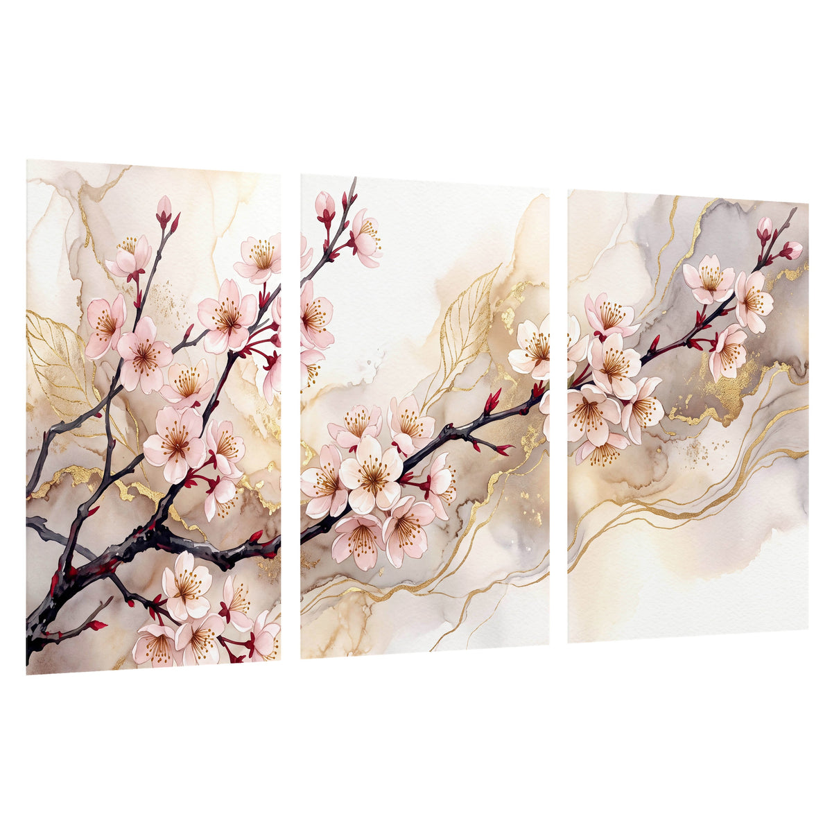 Cherry blossom branch with gold painting set of 3 poster prints on a white background