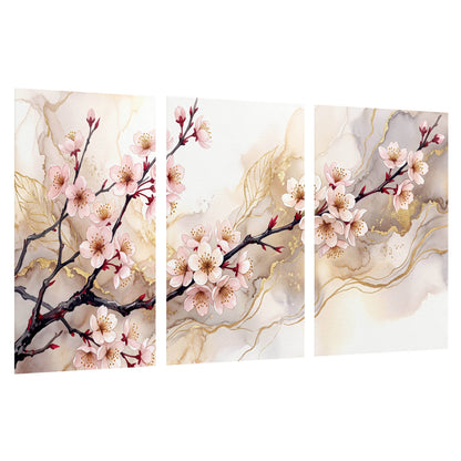 Cherry blossom branch with gold painting set of 3 poster prints on a white background