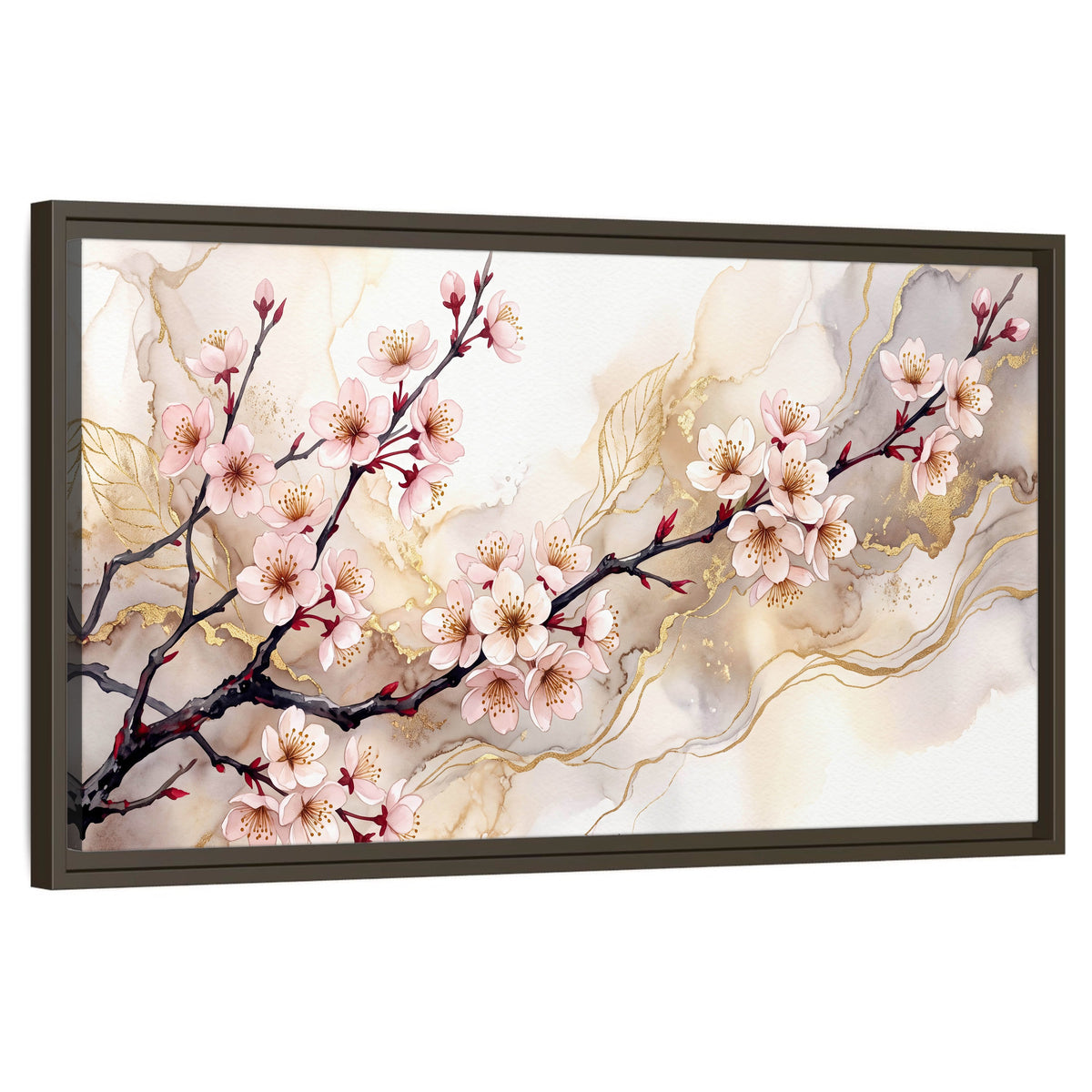 Cherry blossom branch with gold painting framed canvas wall art on a white background