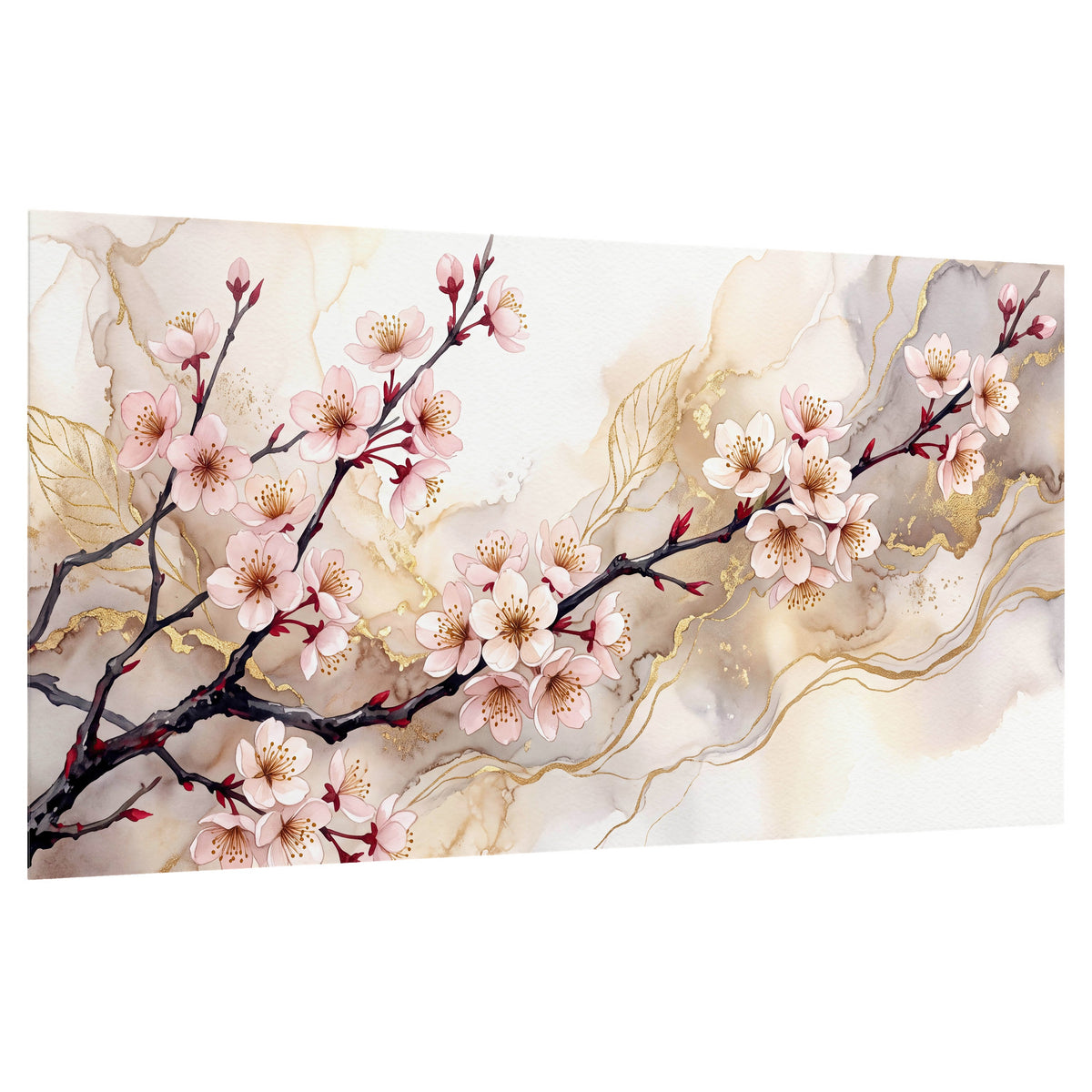Cherry blossom branch with gold painting poster print on a white background