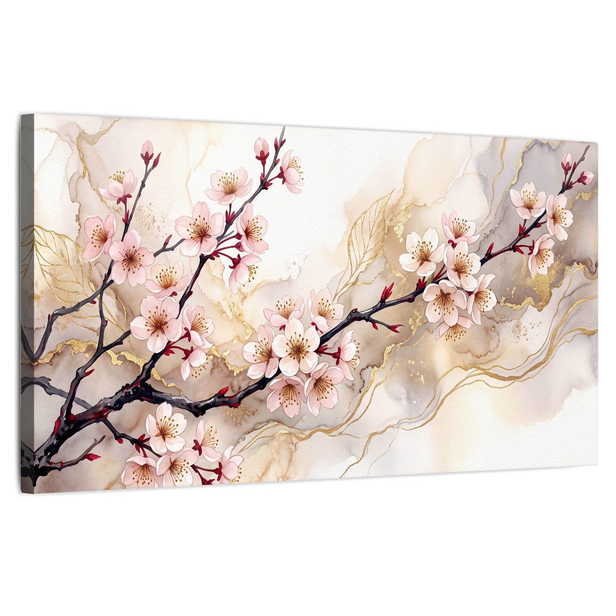Cherry blossom branch with gold painting stretched canvas wall art on a white background