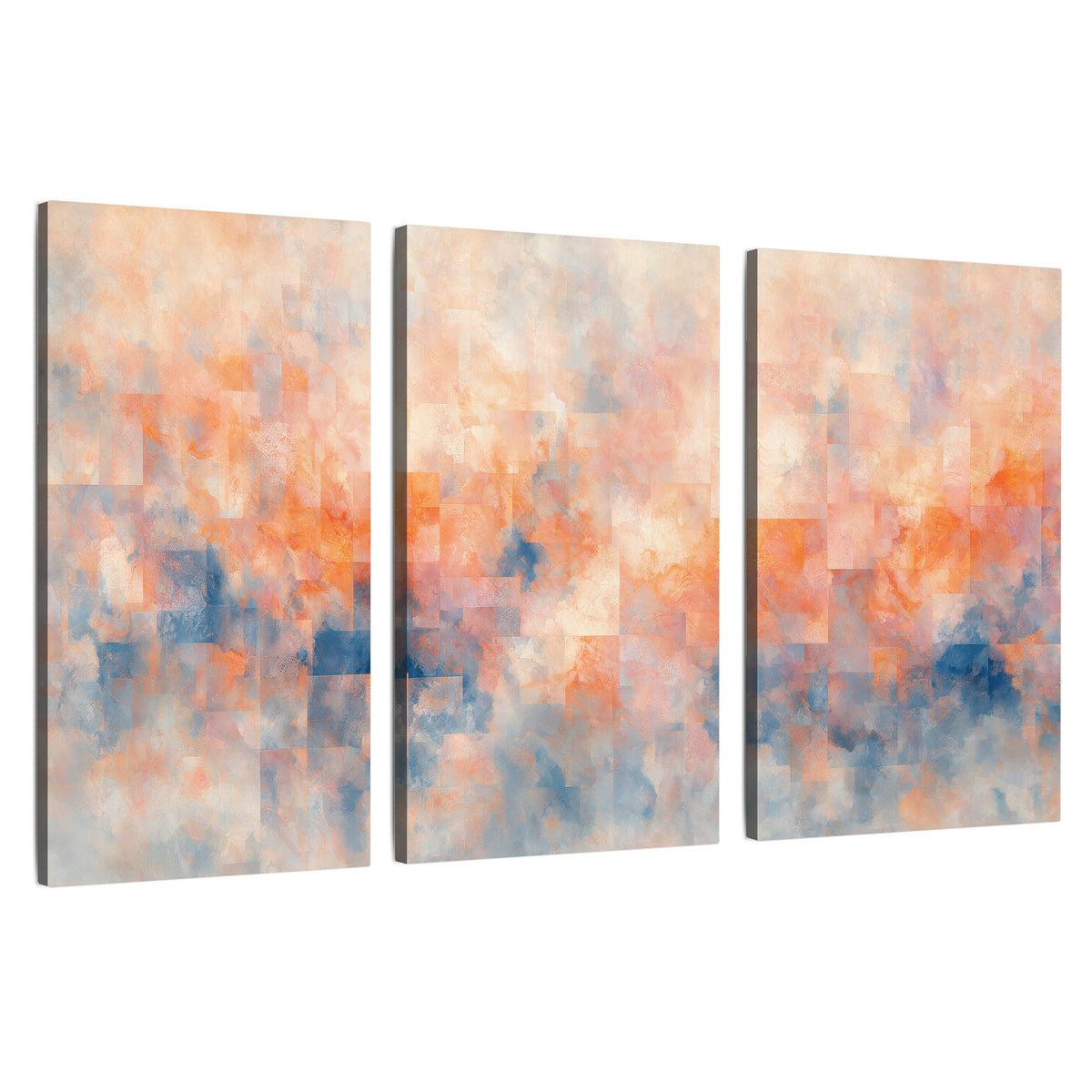 Peach and blue abstract painting 3 piece canvas wall art set on a white background