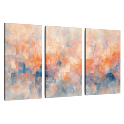 Peach and blue abstract painting 3 piece canvas wall art set on a white background