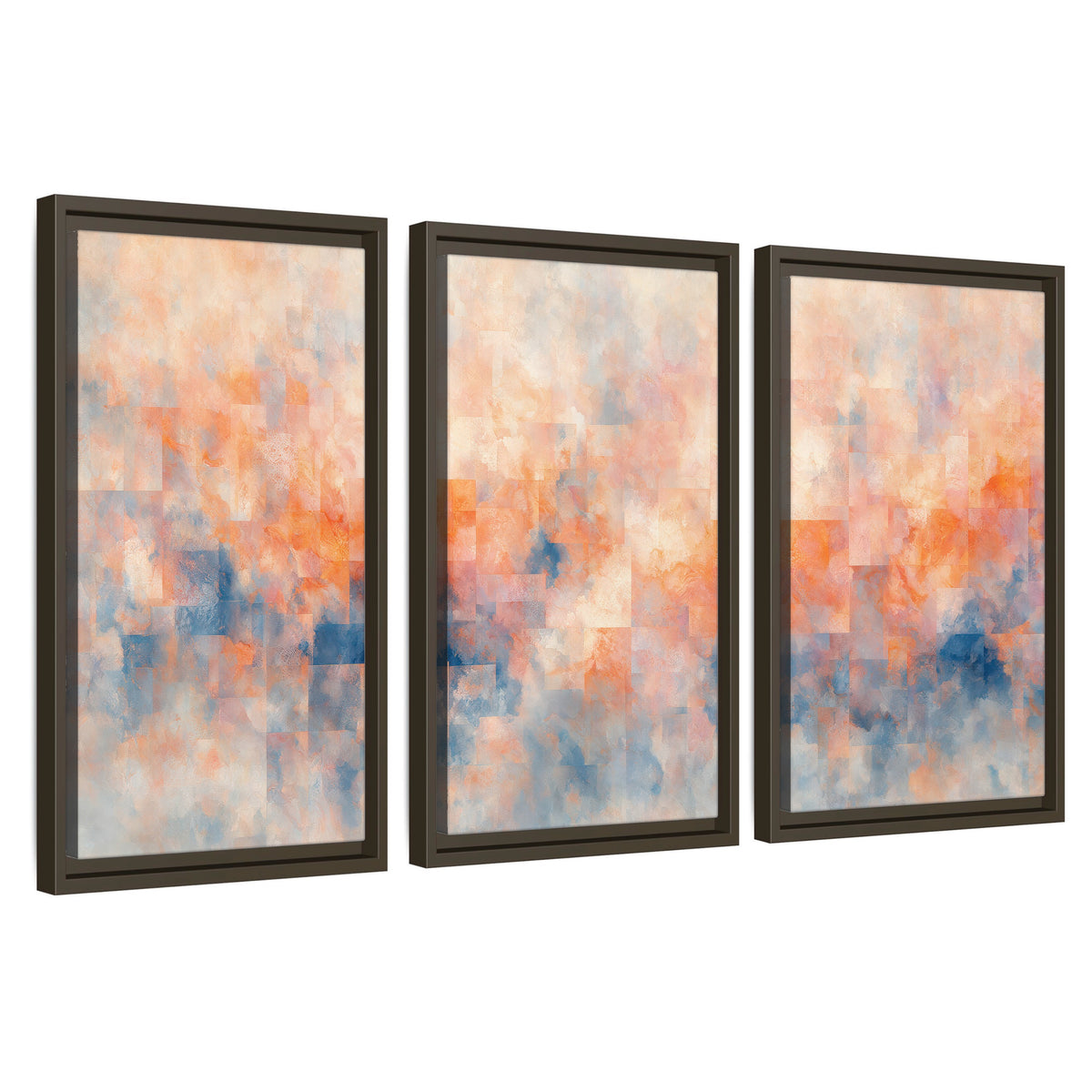 Peach and blue abstract painting 3 piece framed canvas wall art set on a white background