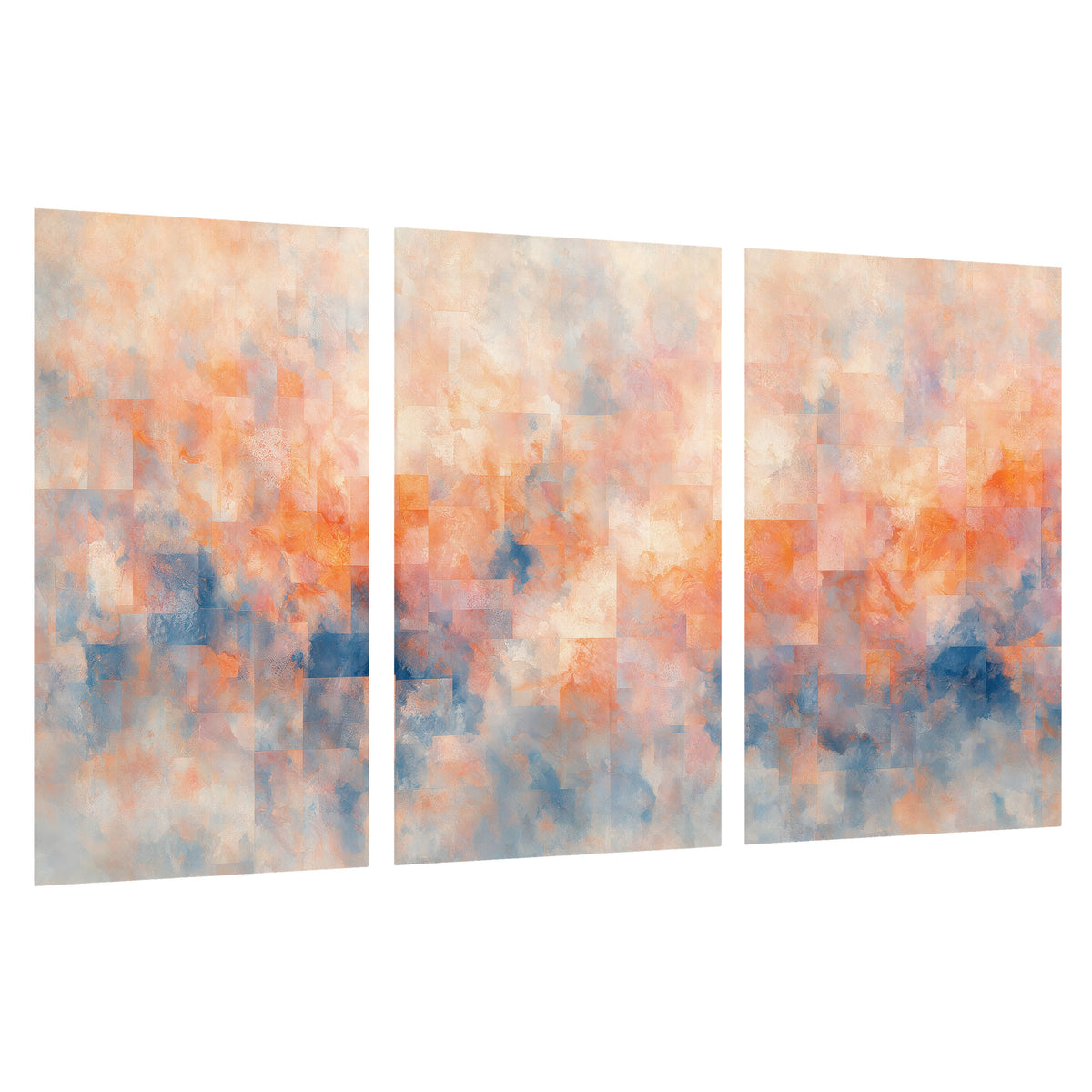 Peach and blue abstract painting set of 3 poster prints on a white background