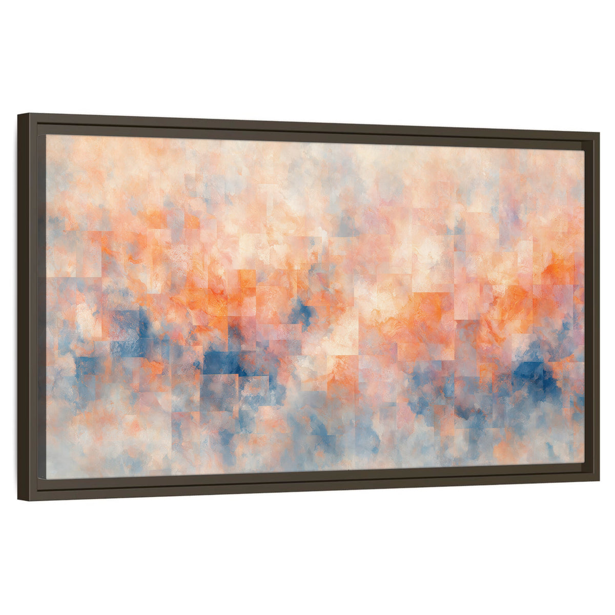 Peach and blue abstract painting framed canvas wall art on a white background