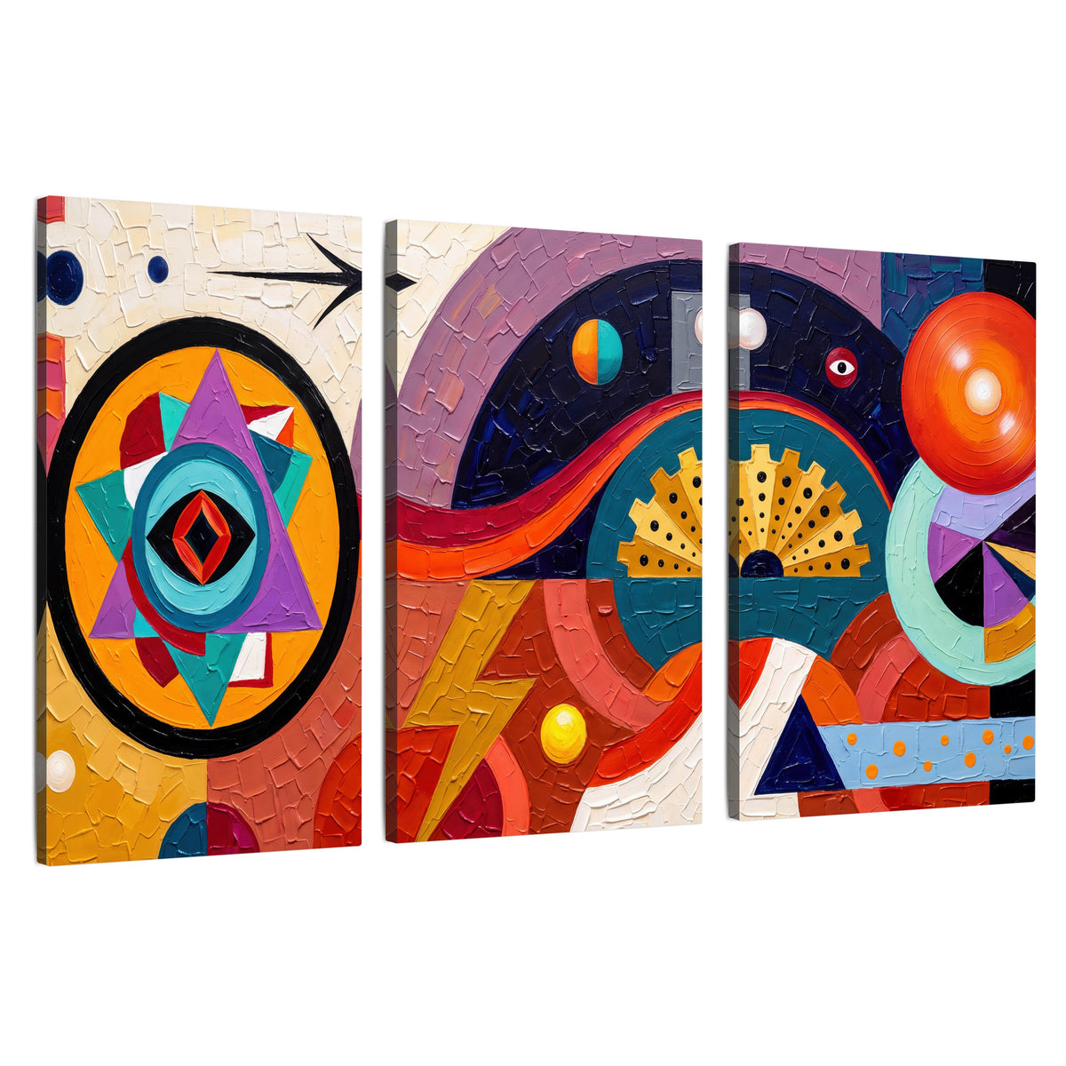 Bold boho geometric painting 3 piece canvas wall art set on a white background