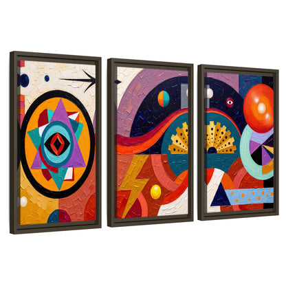 Bold boho geometric painting 3 piece framed canvas wall art set on a white background