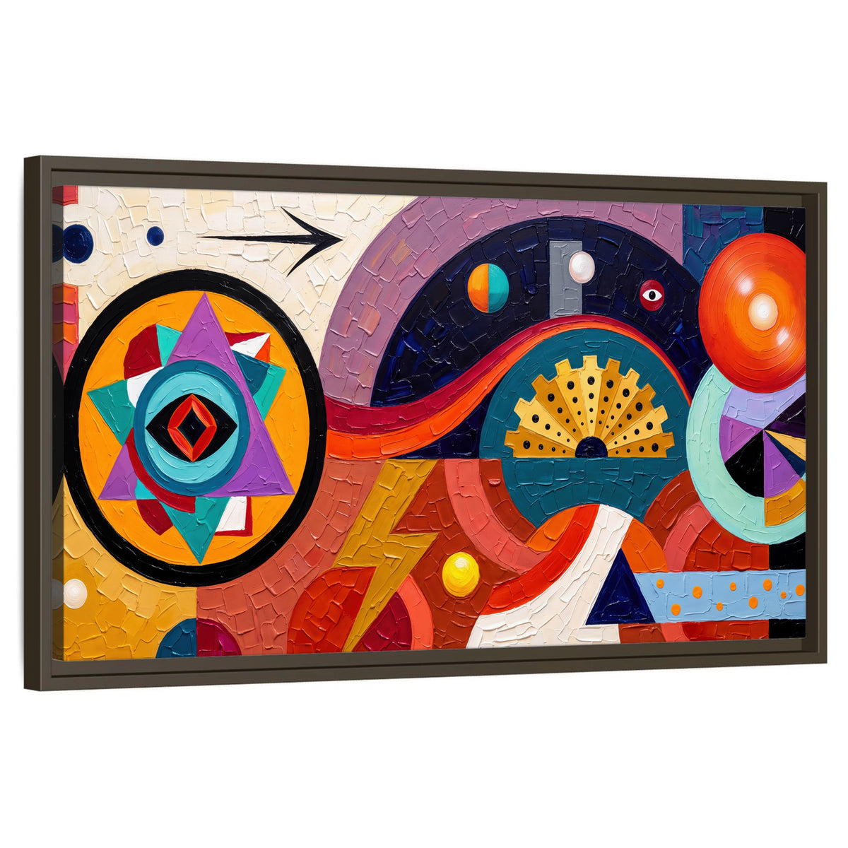 Bold boho geometric painting framed canvas wall art on a white background