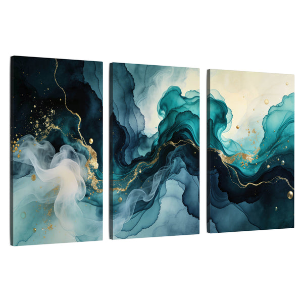 Teal and Gold Abstract Wall Art – Alcohol Ink Wave Painting