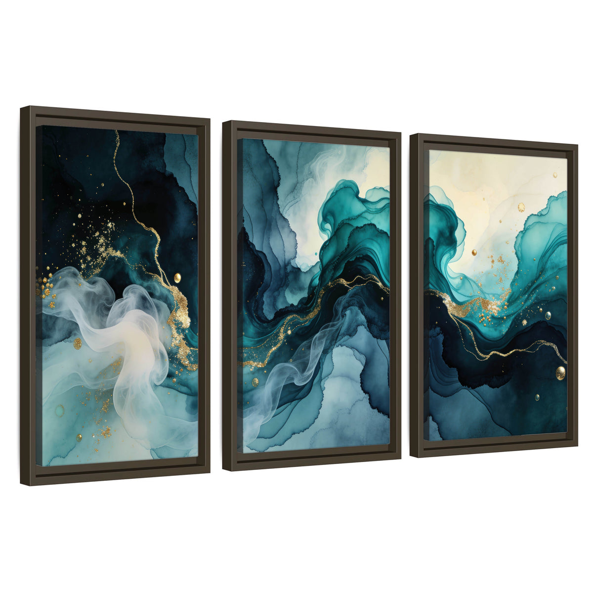 Teal and gold abstract painting 3 piece framed canvas wall art set on a white background