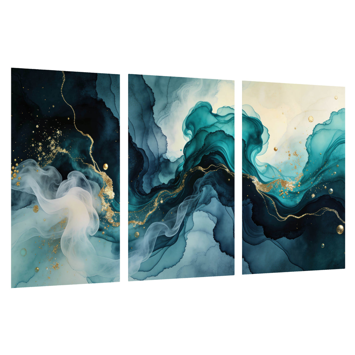 Teal and gold abstract painting set of 3 poster prints on a white background
