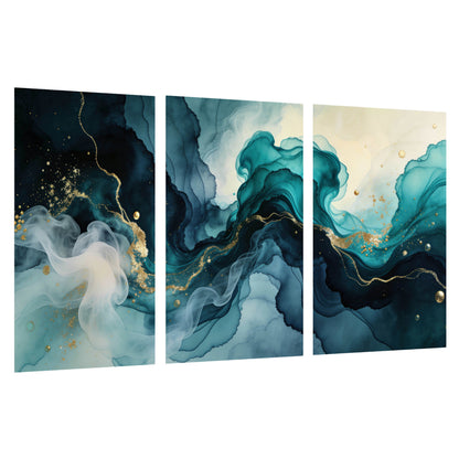 Teal and gold abstract painting set of 3 poster prints on a white background
