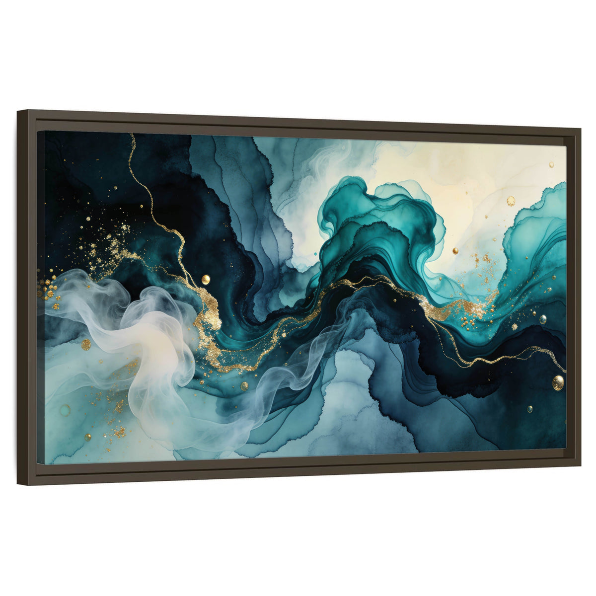 Teal and gold abstract painting framed canvas wall art on a white background