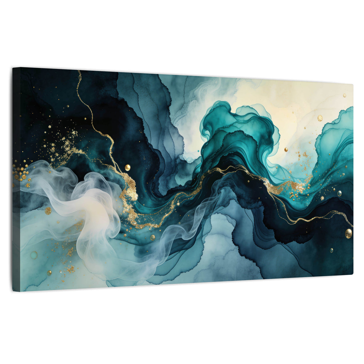 Teal and gold abstract painting stretched canvas wall art on a white background