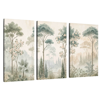 Vintage chinoiserie forest painting 3 piece canvas wall art set on a white background