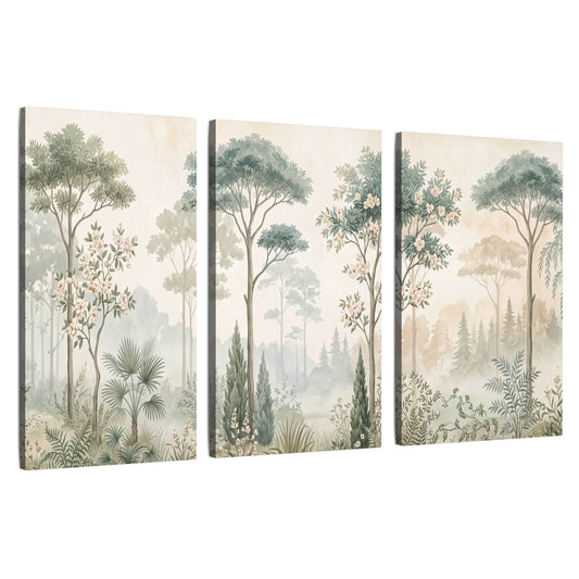Vintage chinoiserie forest painting 3 piece canvas wall art set on a white background