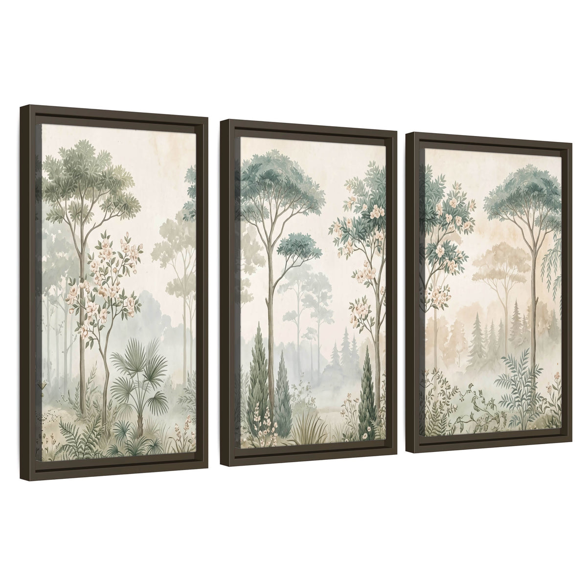 Vintage chinoiserie forest painting 3 piece framed canvas wall art set on a white background