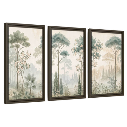 Vintage chinoiserie forest painting 3 piece framed canvas wall art set on a white background