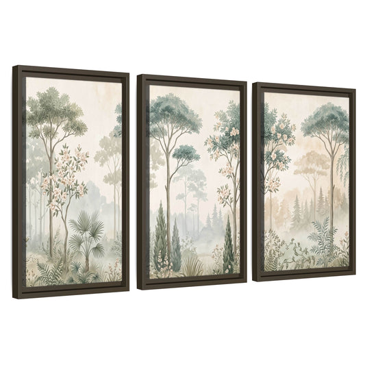 Vintage chinoiserie forest painting 3 piece framed canvas wall art set on a white background