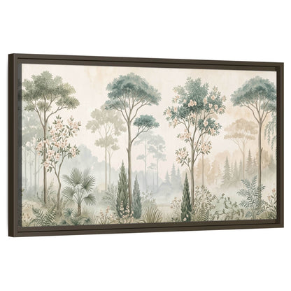Vintage chinoiserie forest painting framed canvas wall art on a white background