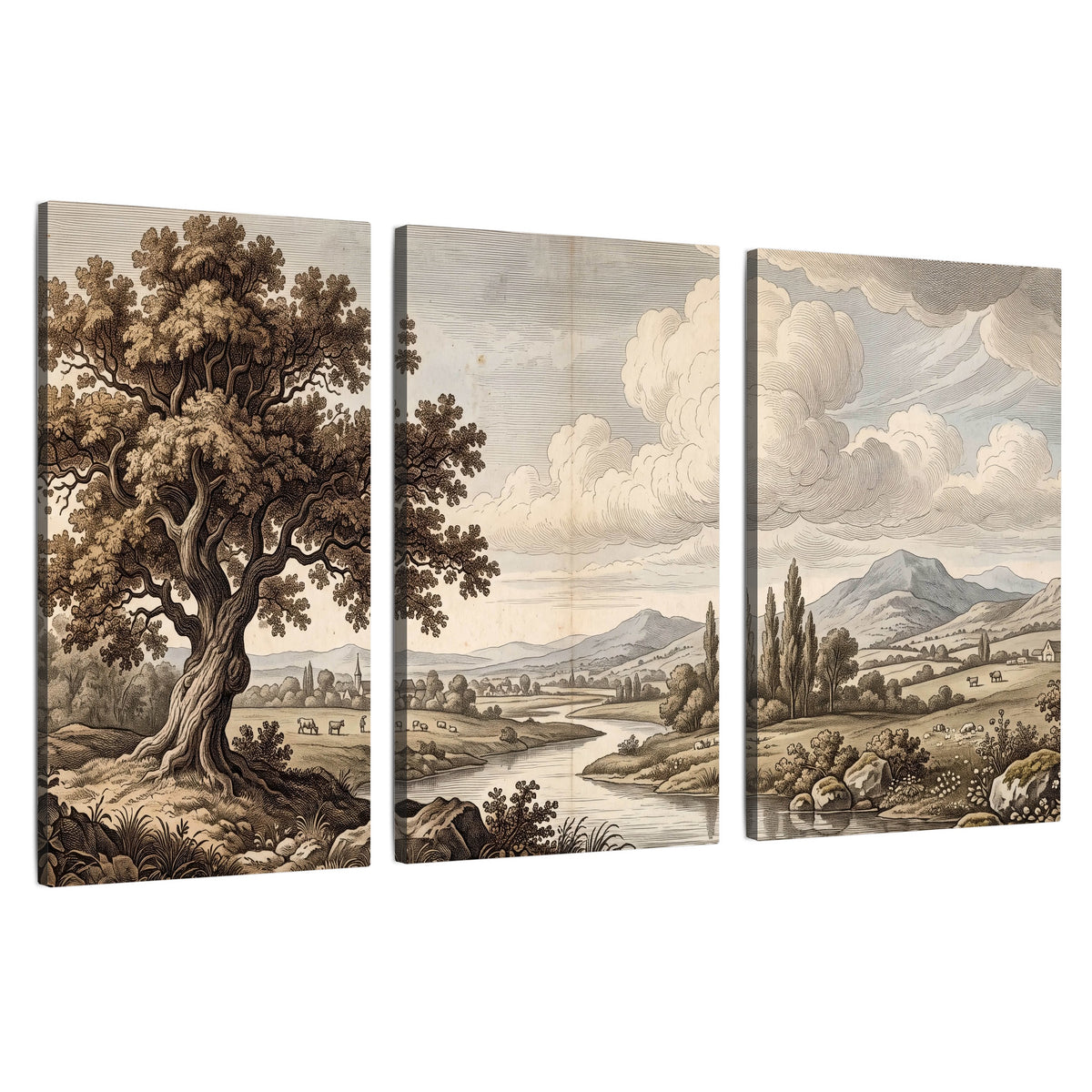 Vintage countryside engraving 3 piece canvas wall art set on a white background