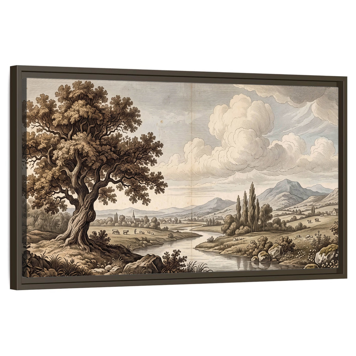 Vintage countryside engraving framed canvas wall art on a white background