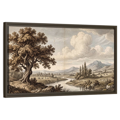 Vintage countryside engraving framed canvas wall art on a white background