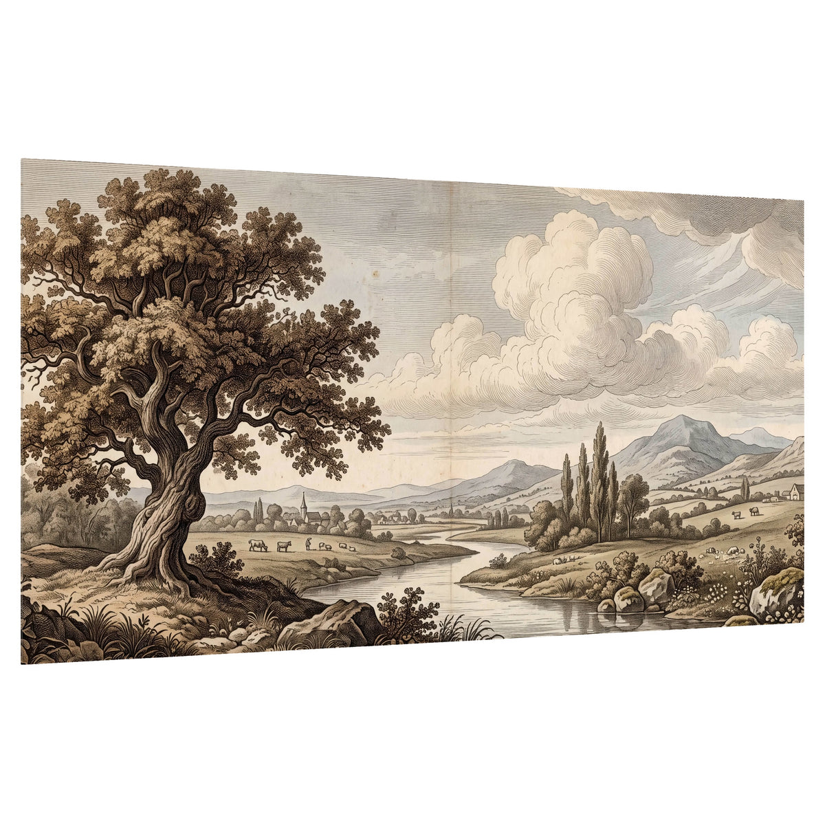 Vintage countryside engraving poster print on a white background