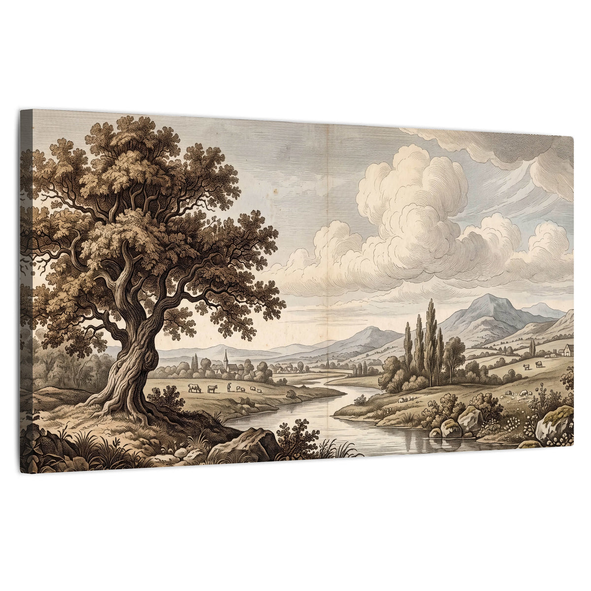 Vintage countryside engraving stretched canvas wall art on a white background