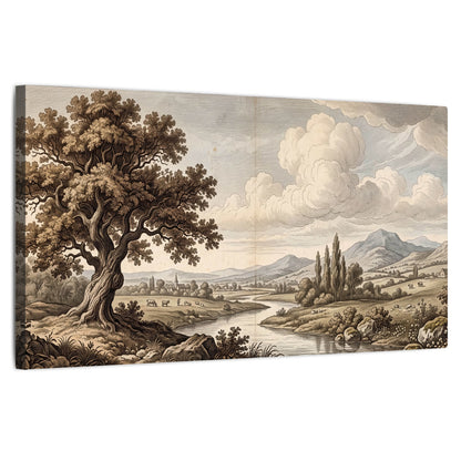 Vintage countryside engraving stretched canvas wall art on a white background