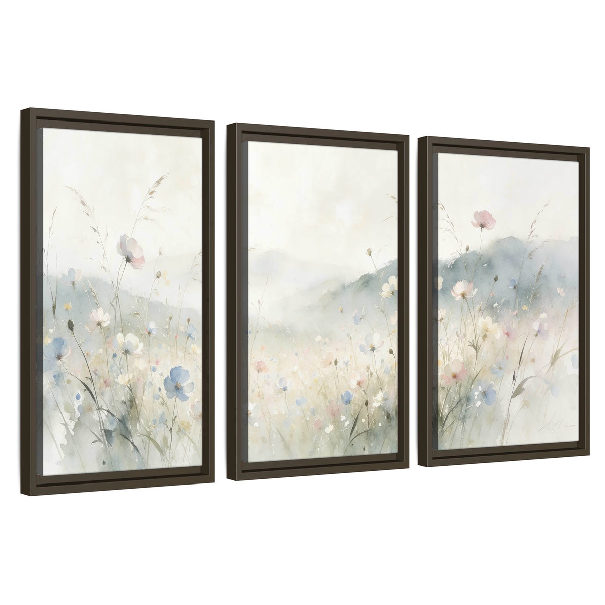 Watercolor wildflower meadow painting 3 piece framed canvas wall art set on a white background