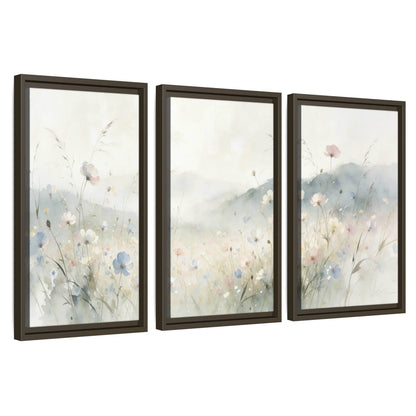 Watercolor wildflower meadow painting 3 piece framed canvas wall art set on a white background