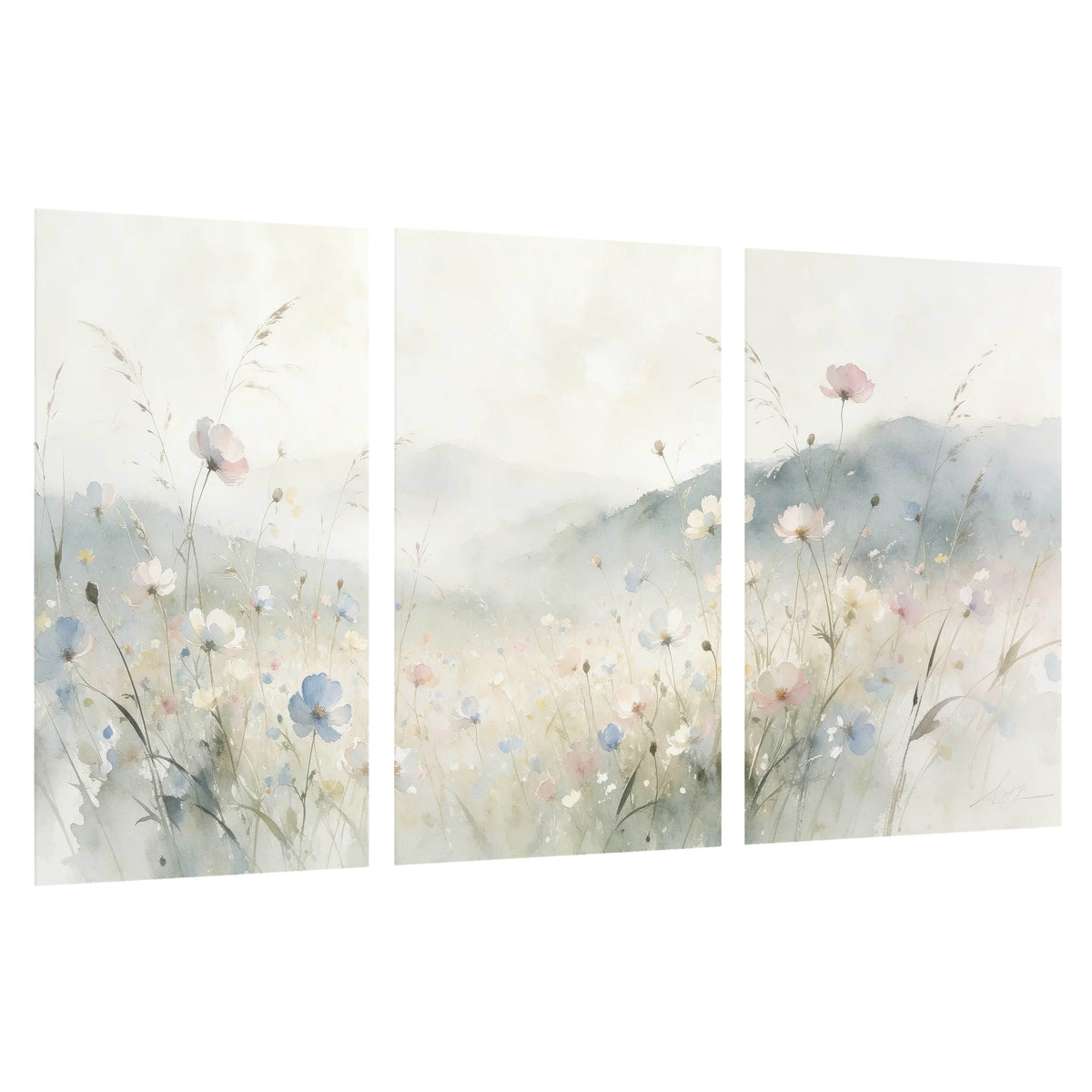 Watercolor wildflower meadow painting set of 3 poster prints on a white background