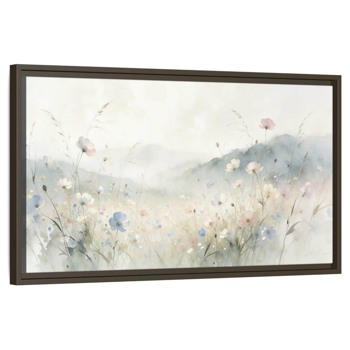 Watercolor wildflower meadow painting framed canvas wall art on a white background