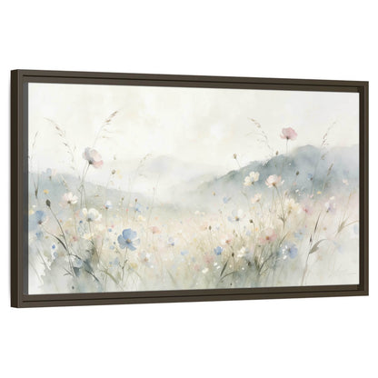 Watercolor wildflower meadow painting framed canvas wall art on a white background