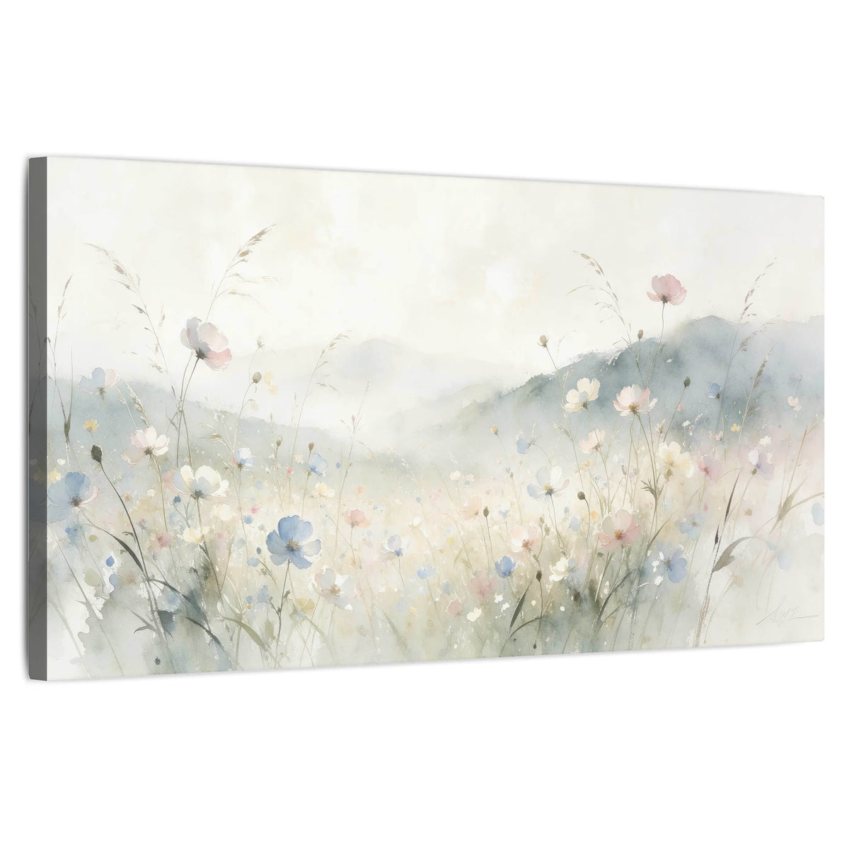 Watercolor wildflower meadow painting stretched canvas wall art on a white background