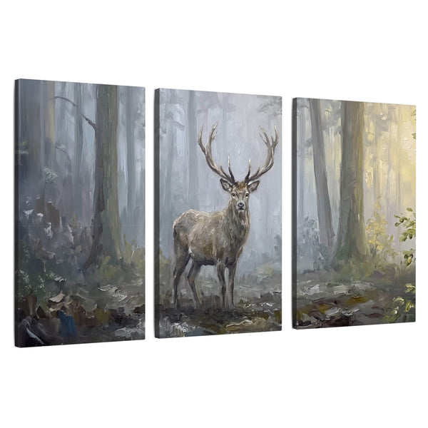 Stag in Misty Forest Wall Art – Deer Oil Painting