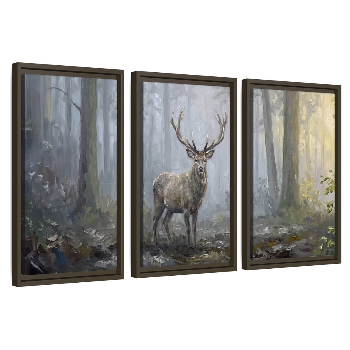 Stag in misty forest painting 3 piece framed canvas wall art set on a white background