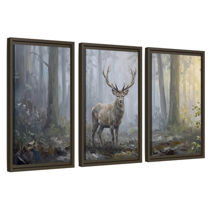 Stag in misty forest painting 3 piece framed canvas wall art set on a white background