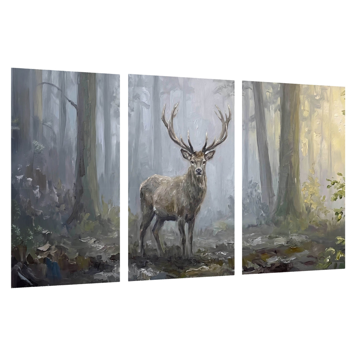 Stag in misty forest painting set of 3 poster prints on a white background