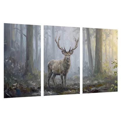 Stag in misty forest painting set of 3 poster prints on a white background