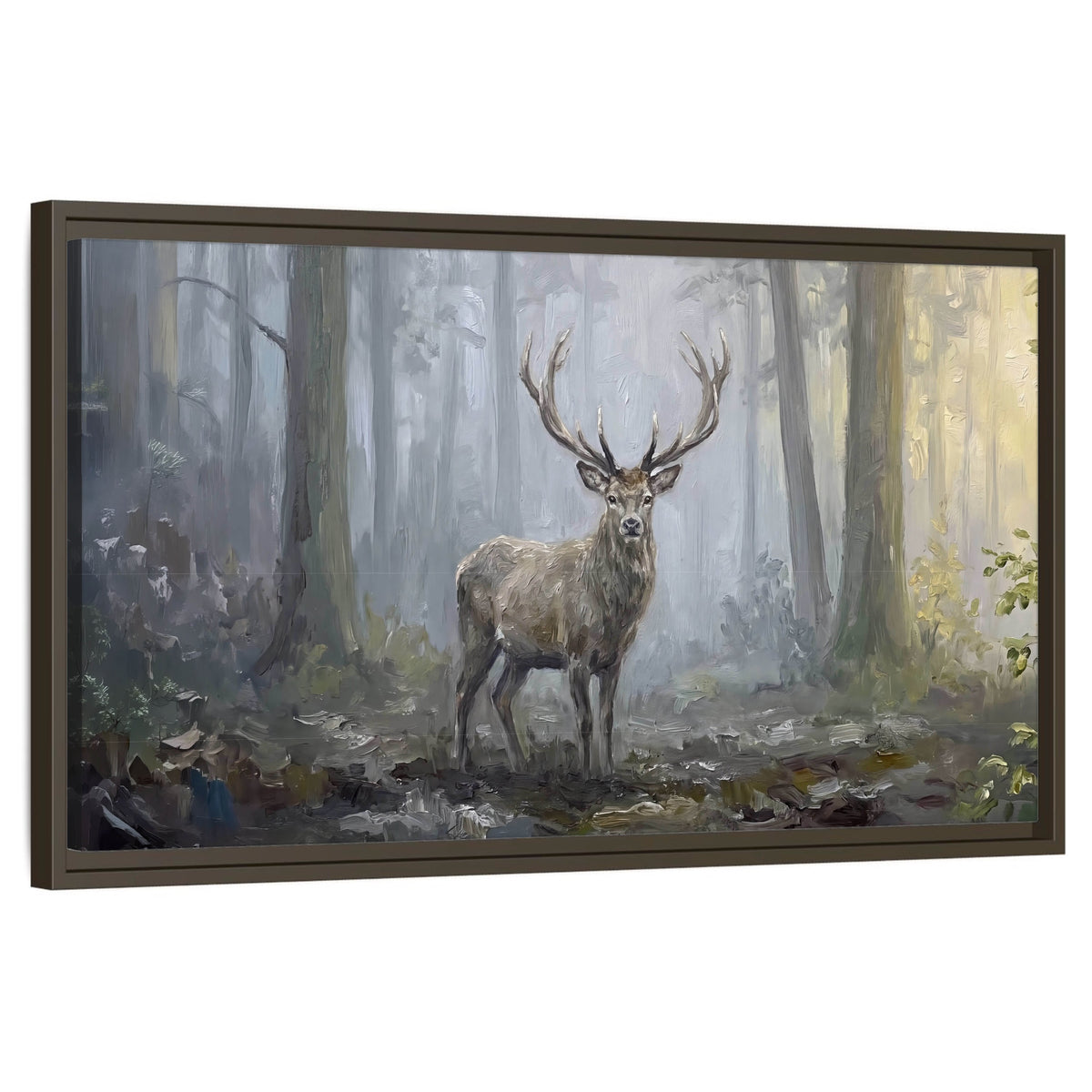 Stag in misty forest painting framed canvas wall art on a white background