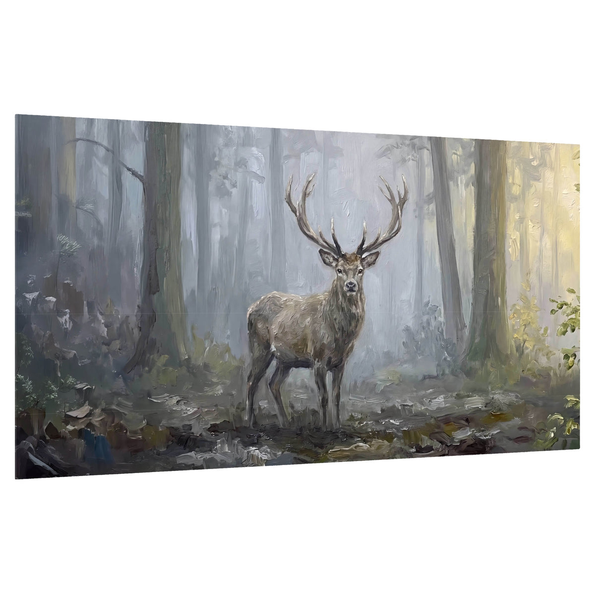 Stag in misty forest painting poster print on a white background