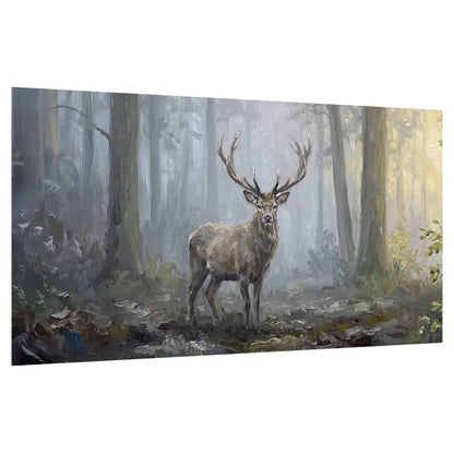 Stag in misty forest painting poster print on a white background